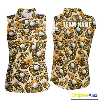 Personalized Tropical Yellow Monstera & Golfs Pattern Custom Golf Sleeveless Polo Shirt For Women Golf Clothes NYN2865