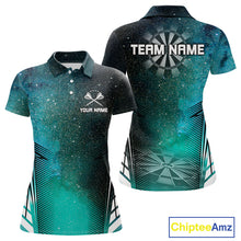 Load image into Gallery viewer, Custom Women's Darts Team Shirt With Cosmic Teal Gradient &amp; Abstract Dartboards NYN0287