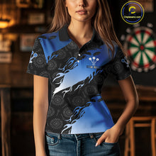 Load image into Gallery viewer, Custom Women&#39;s Darts Shirt With Cobalt Flames &amp; Black Dartboard Pattern, Darts Jersey NYN0291