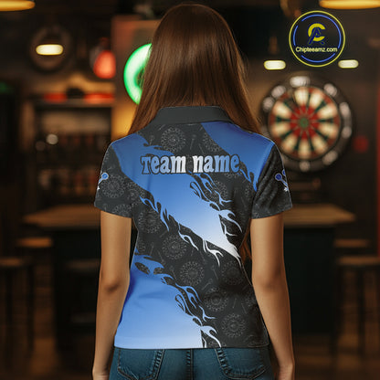 Custom Women's Darts Shirt With Cobalt Flames & Black Dartboard Pattern, Darts Jersey NYN0291
