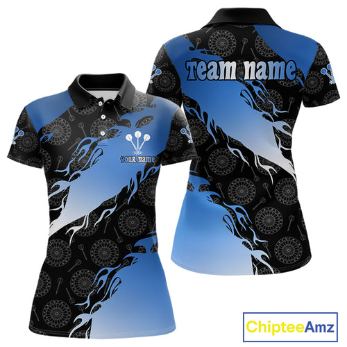 Custom Women's Darts Shirt With Cobalt Flames & Black Dartboard Pattern, Darts Jersey NYN0291