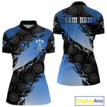 Load image into Gallery viewer, Custom Women&#39;s Darts Shirt With Cobalt Flames &amp; Black Dartboard Pattern, Darts Jersey NYN0291
