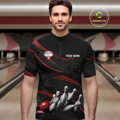 Black And Red Grunge Bowling Ball & Pins Jersey For Men Personalized Team Bowling Shirts NYN3227
