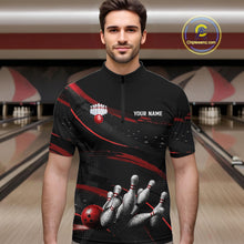 Load image into Gallery viewer, Black And Red Grunge Bowling Ball &amp; Pins Jersey For Men Personalized Team Bowling Shirts NYN3227