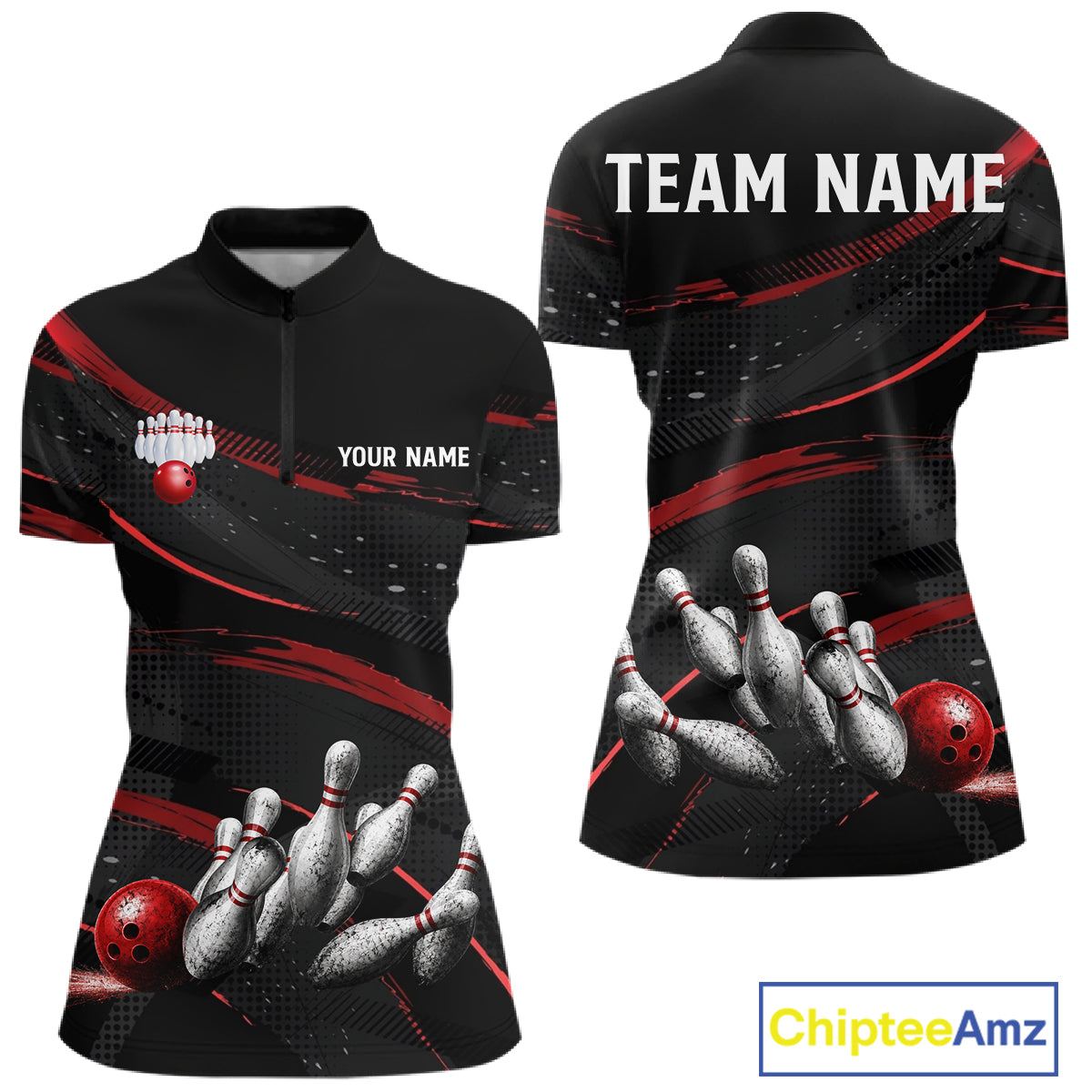 Black And Red Grunge Bowling Ball & Pins Jersey For Women Personalized Team Bowling Shirts NYN3227
