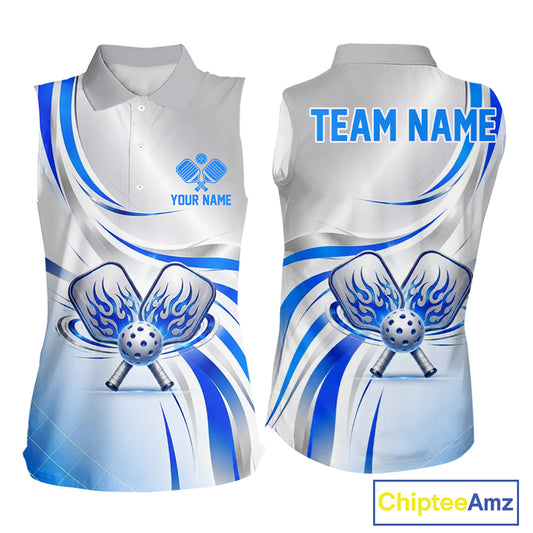 Blue And Silver Pickleball Custom Sleeveless Polo Pickleball Shirt For Women, Flame Pickleball Paddles Jerseys NYN4109