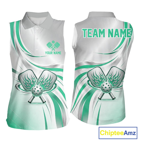 Green And Silver Pickleball Custom Sleeveless Polo Pickleball Shirt For Women, Flame Pickleball Paddles Jerseys NYN4110