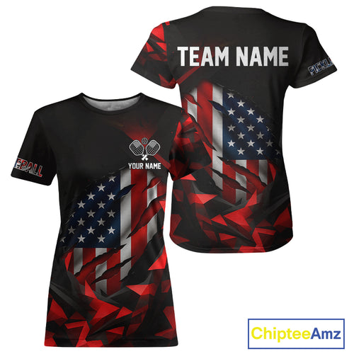 Custom Black And Red Patriotic Pickleball T-Shirt For Women US Flag Pickleball Jerseys NYN1433
