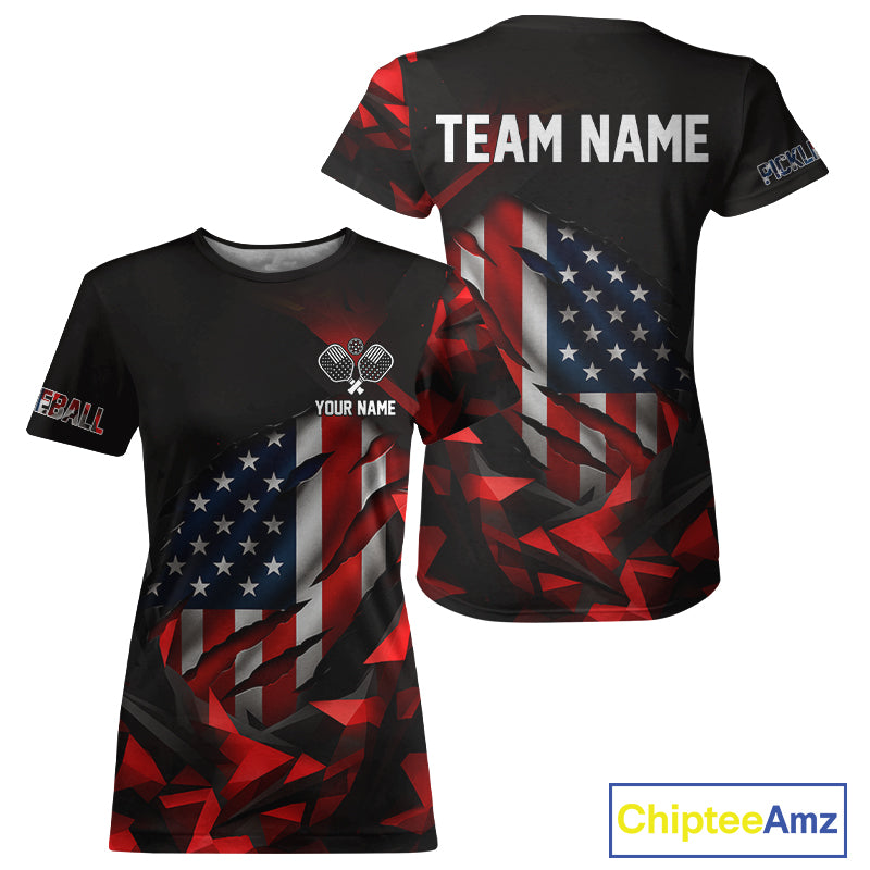 Custom Black And Red Patriotic Pickleball T-Shirt For Women US Flag Pickleball Jerseys NYN1433