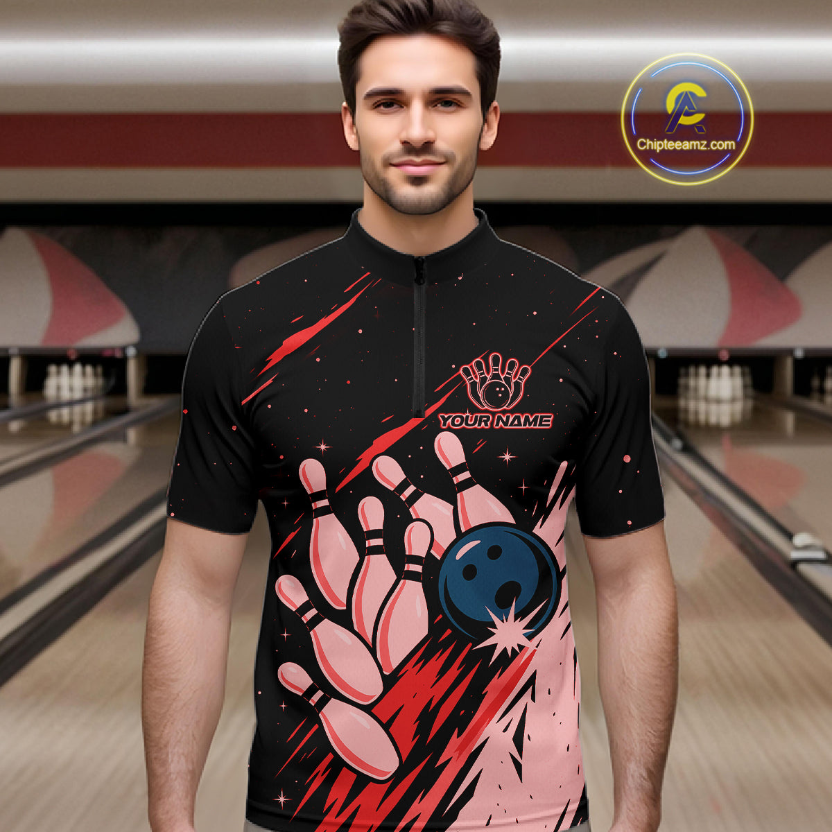 Retro Red Galaxy Women Bowling Polo Quarter Zip Shirts Custom Vintage Bowling Team League Jerseys NYN4495