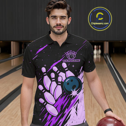 Retro Purple Galaxy Women Bowling Polo Quarter Zip Shirts Custom Vintage Bowling Team League Jerseys NYN4496