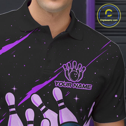Retro Purple Galaxy Women Bowling Polo Quarter Zip Shirts Custom Vintage Bowling Team League Jerseys NYN4496