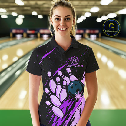 Retro Purple Galaxy Mens Bowling Polo Quarter Zip Shirts Custom Vintage Bowling Team League Jerseys NYN4496