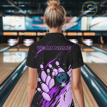 Retro Purple Galaxy Mens Bowling Polo Quarter Zip Shirts Custom Vintage Bowling Team League Jerseys NYN4496
