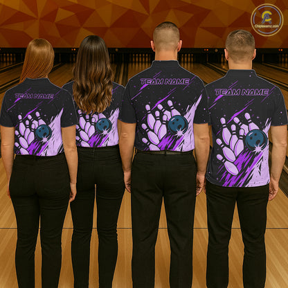 Retro Purple Galaxy Women Bowling Polo Quarter Zip Shirts Custom Vintage Bowling Team League Jerseys NYN4496