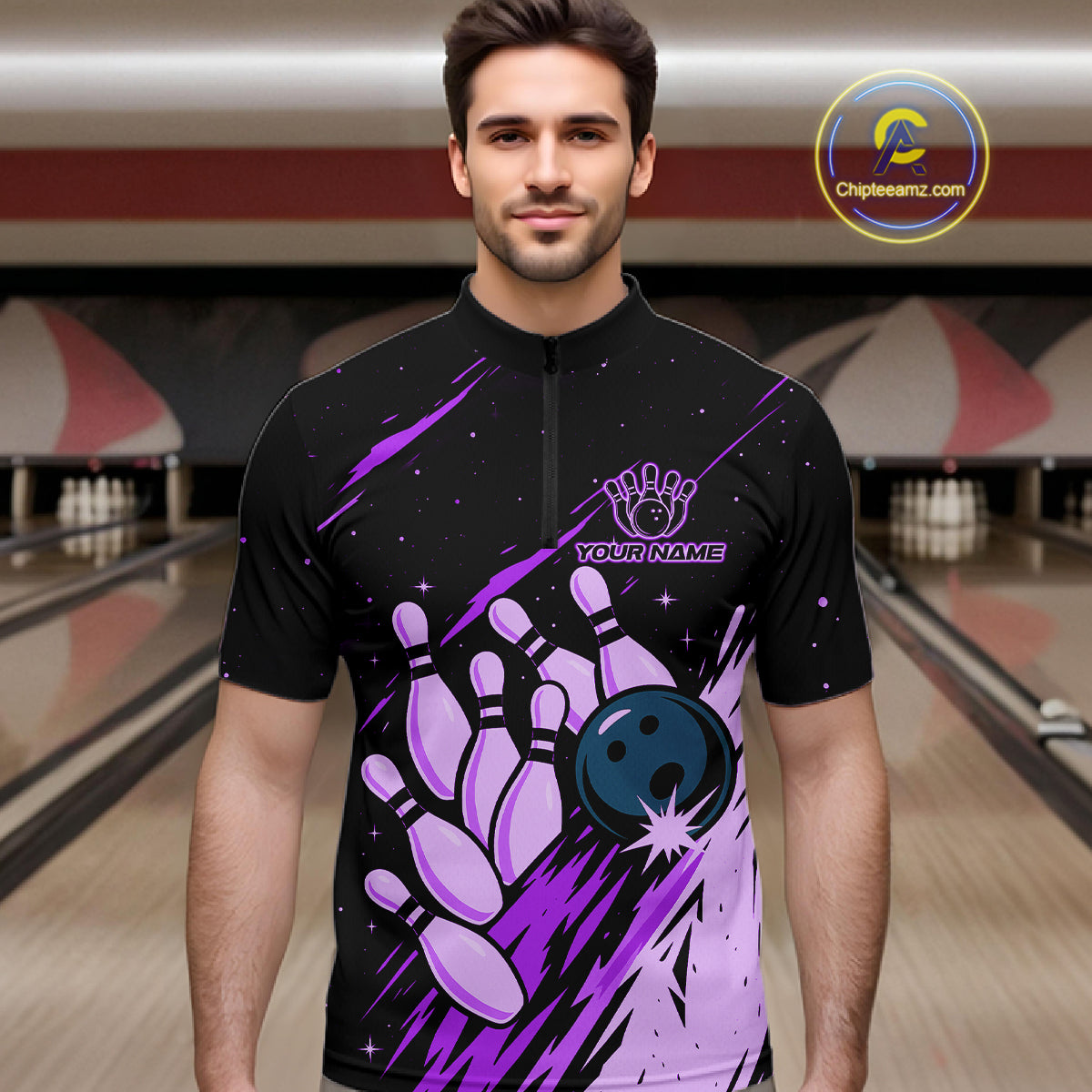 Retro Purple Galaxy Women Bowling Polo Quarter Zip Shirts Custom Vintage Bowling Team League Jerseys NYN4496