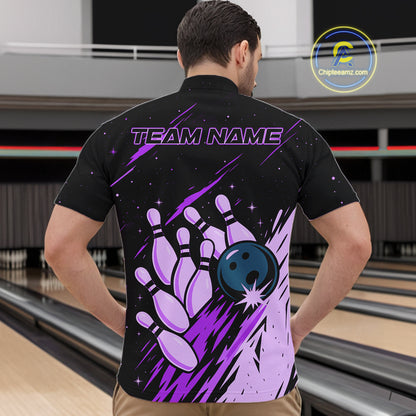 Retro Purple Galaxy Women Bowling Polo Quarter Zip Shirts Custom Vintage Bowling Team League Jerseys NYN4496