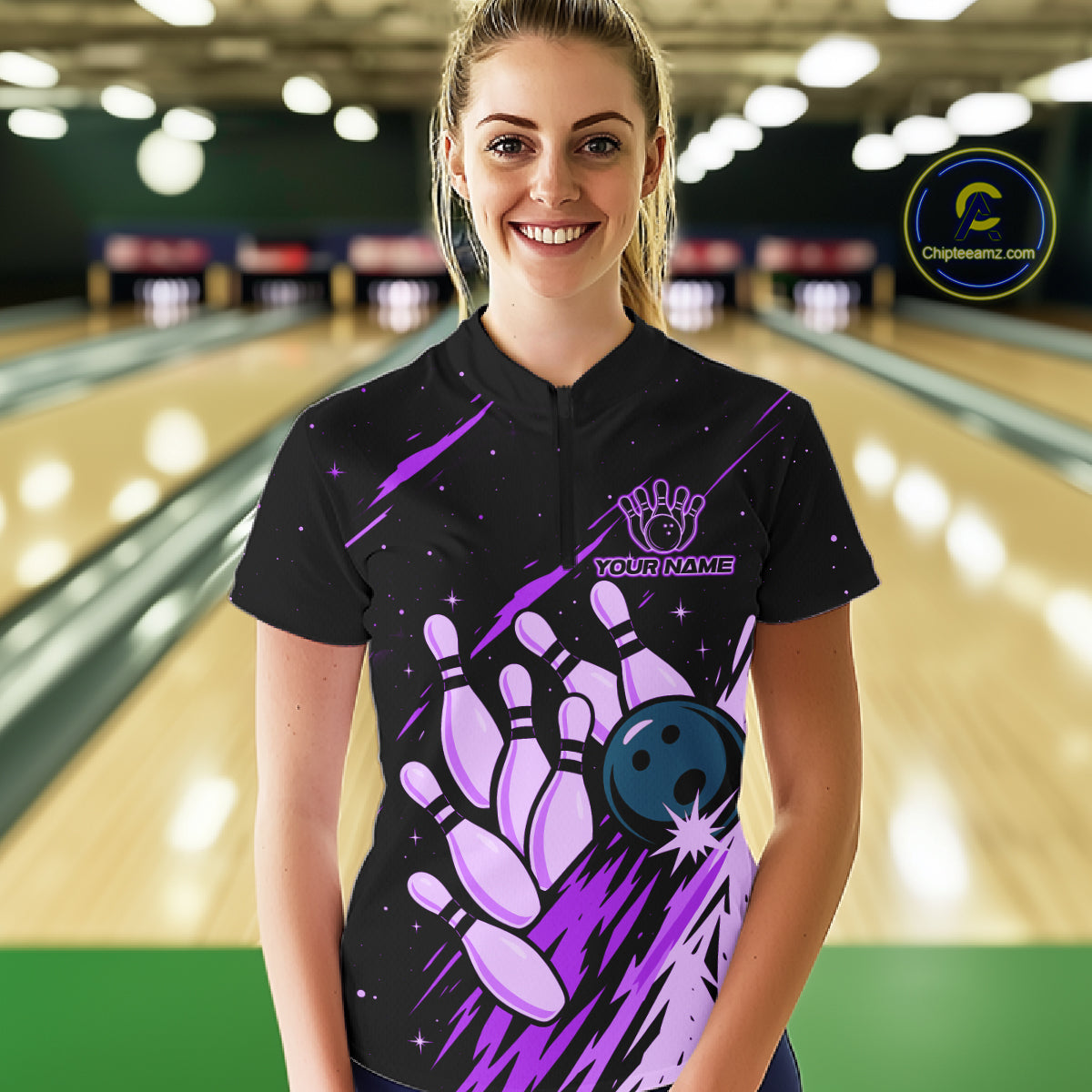 Retro Purple Galaxy Mens Bowling Polo Quarter Zip Shirts Custom Vintage Bowling Team League Jerseys NYN4496