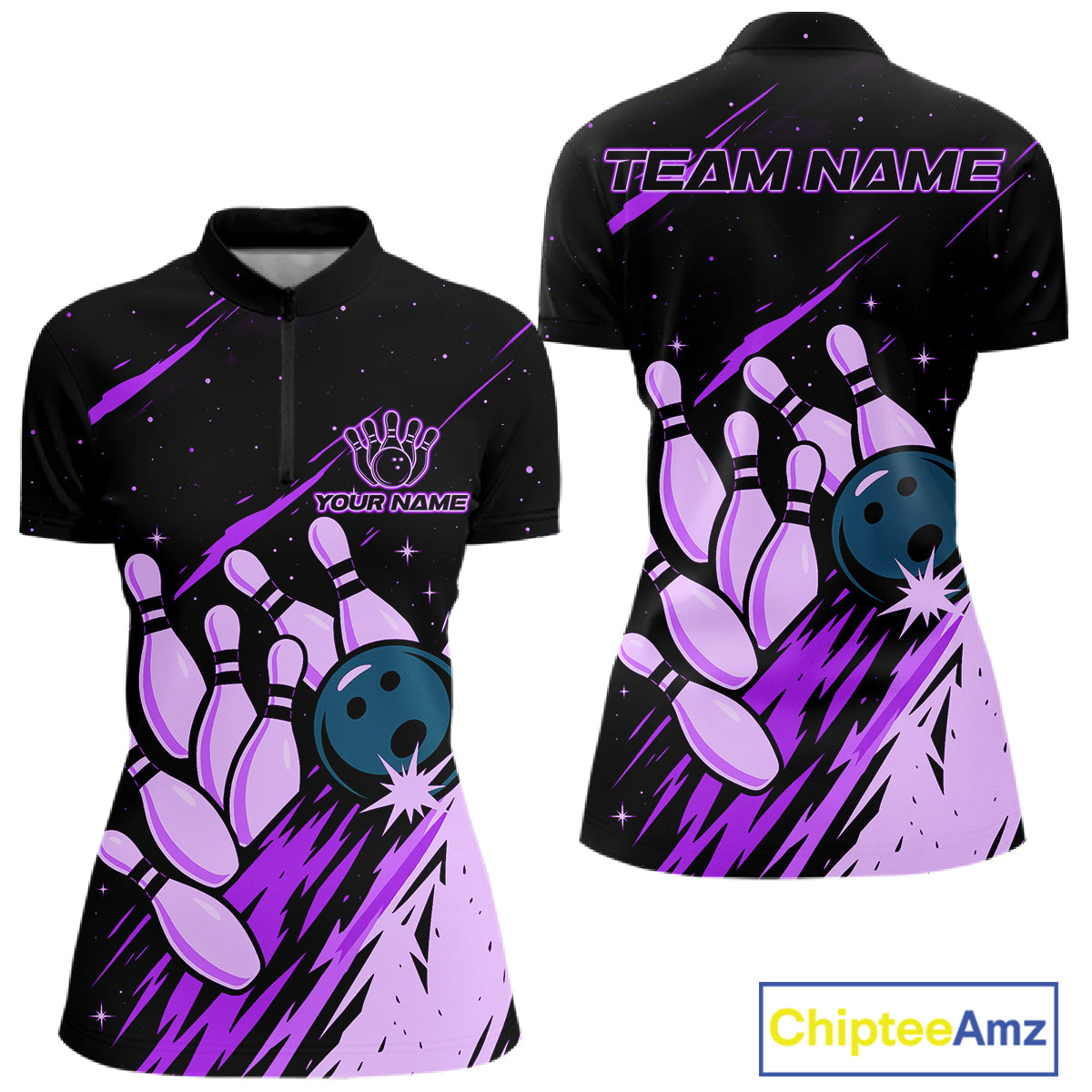 Retro Purple Galaxy Mens Bowling Polo Quarter Zip Shirts Custom Vintage Bowling Team League Jerseys NYN4496