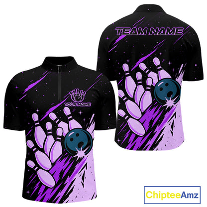 Retro Purple Galaxy Women Bowling Polo Quarter Zip Shirts Custom Vintage Bowling Team League Jerseys NYN4496