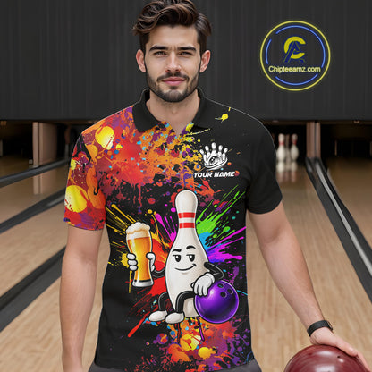 Colorful Splatter Bowling Shirt For Women Funny Beer Pin Splatter Bowling Polo Quarter-Zip Team Uniform NYN4499