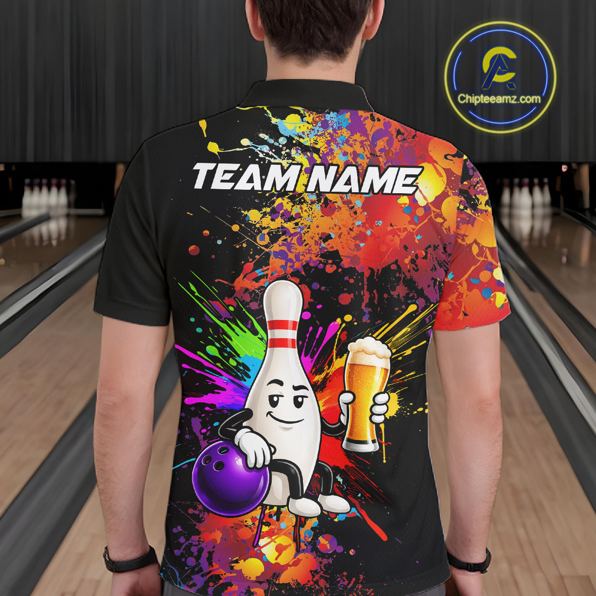 Colorful Splatter Bowling Shirt For Women Funny Beer Pin Splatter Bowling Polo Quarter-Zip Team Uniform NYN4499