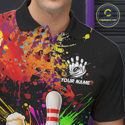 Colorful Splatter Bowling Shirt For Women Funny Beer Pin Splatter Bowling Polo Quarter-Zip Team Uniform NYN4499