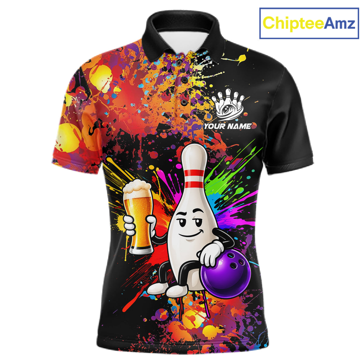 Colorful Splatter Bowling Shirt For Women Funny Beer Pin Splatter Bowling Polo Quarter-Zip Team Uniform NYN4499