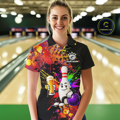Colorful Splatter Bowling Shirt For Men Funny Beer Pin Splatter Bowling Polo Quarter-Zip Team Uniform NYN4499