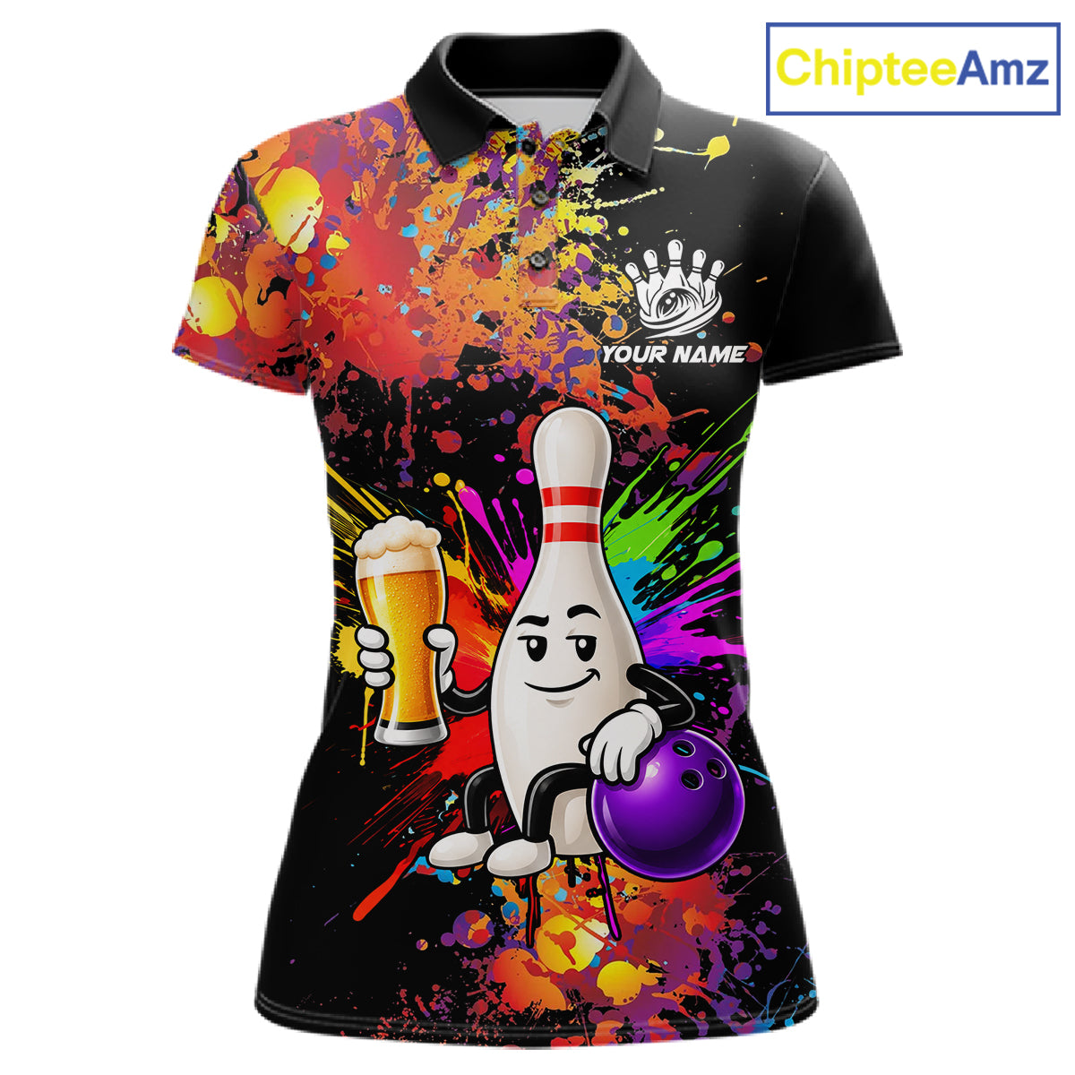 Colorful Splatter Bowling Shirt For Men Funny Beer Pin Splatter Bowling Polo Quarter-Zip Team Uniform NYN4499