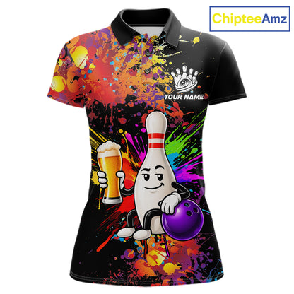Colorful Splatter Bowling Shirt For Men Funny Beer Pin Splatter Bowling Polo Quarter-Zip Team Uniform NYN4499