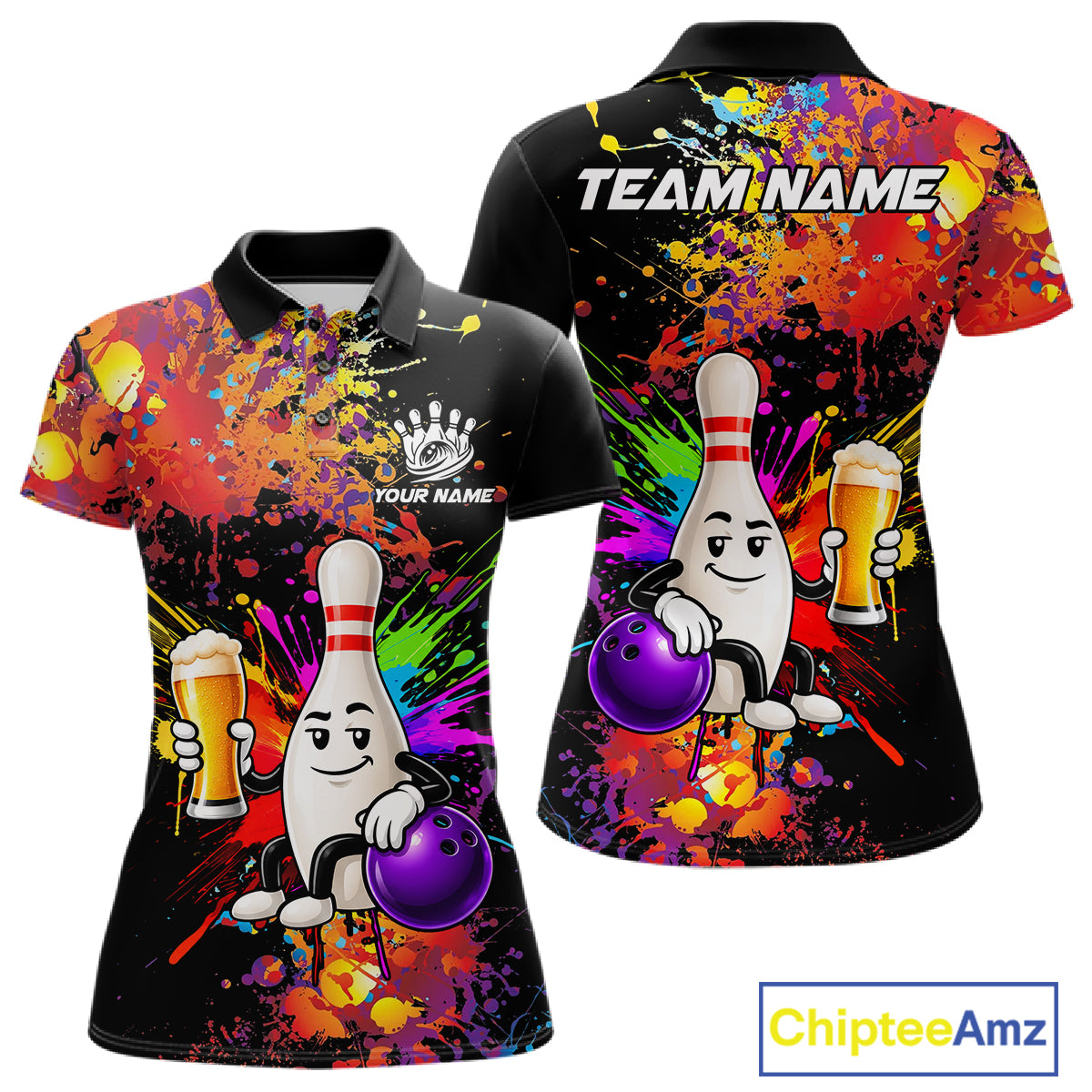 Colorful Splatter Bowling Shirt For Men Funny Beer Pin Splatter Bowling Polo Quarter-Zip Team Uniform NYN4499