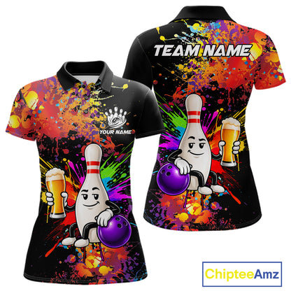 Colorful Splatter Bowling Shirt For Men Funny Beer Pin Splatter Bowling Polo Quarter-Zip Team Uniform NYN4499