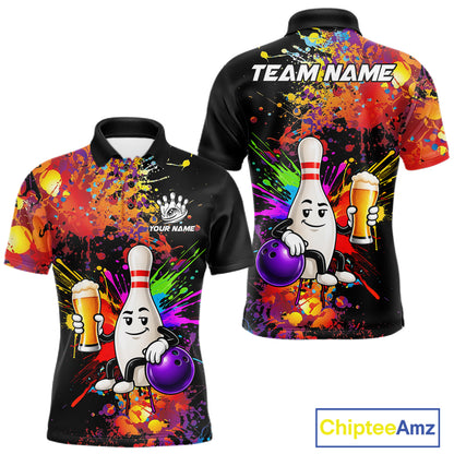 Colorful Splatter Bowling Shirt For Women Funny Beer Pin Splatter Bowling Polo Quarter-Zip Team Uniform NYN4499