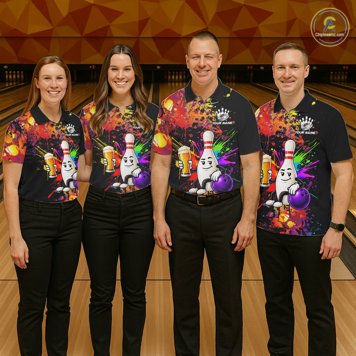 Colorful Splatter Bowling Shirt For Men Funny Beer Pin Splatter Bowling Polo Quarter-Zip Team Uniform NYN4499