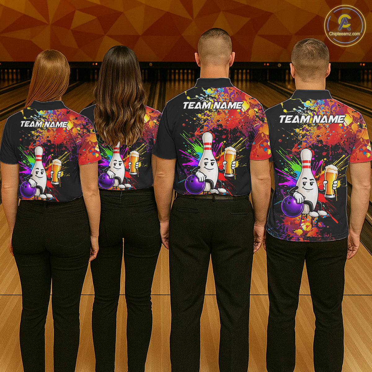 Colorful Splatter Bowling Shirt For Men Funny Beer Pin Splatter Bowling Polo Quarter-Zip Team Uniform NYN4499
