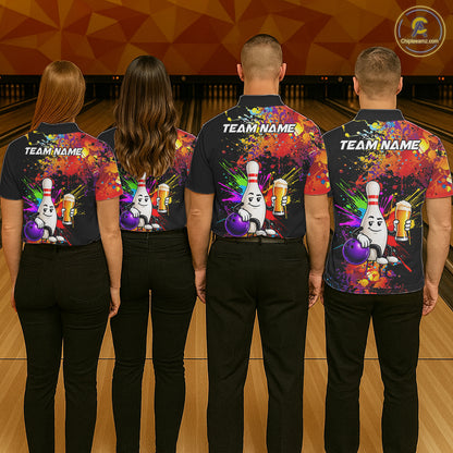 Colorful Splatter Bowling Shirt For Women Funny Beer Pin Splatter Bowling Polo Quarter-Zip Team Uniform NYN4499