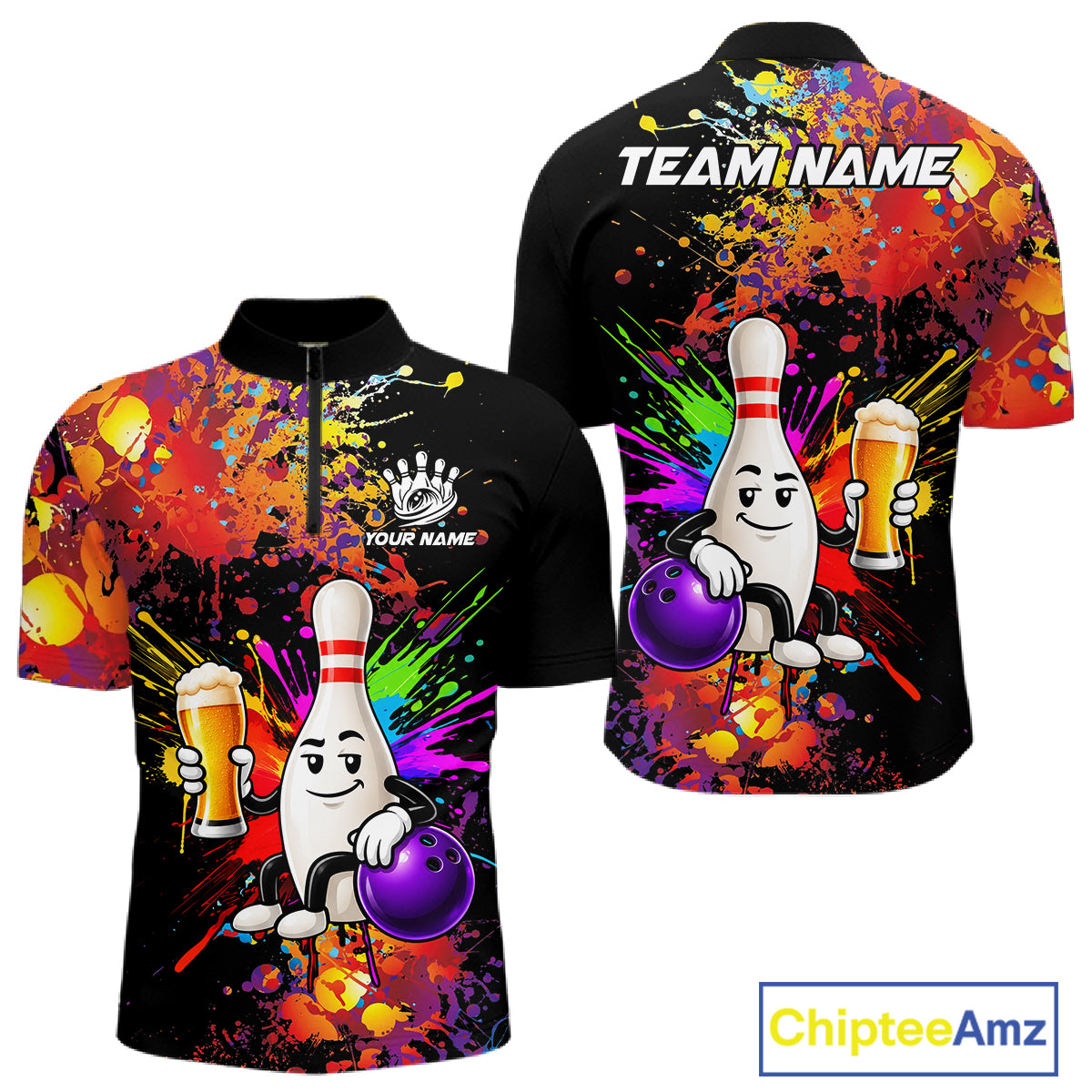 Colorful Splatter Bowling Shirt For Women Funny Beer Pin Splatter Bowling Polo Quarter-Zip Team Uniform NYN4499