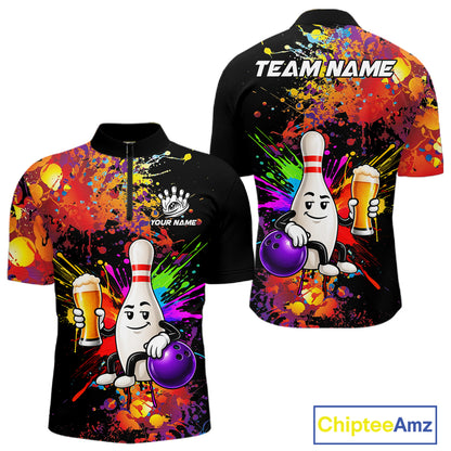 Colorful Splatter Bowling Shirt For Women Funny Beer Pin Splatter Bowling Polo Quarter-Zip Team Uniform NYN4499