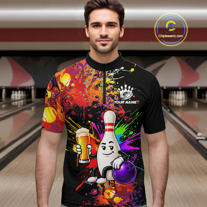 Colorful Splatter Bowling Shirt For Women Funny Beer Pin Splatter Bowling Polo Quarter-Zip Team Uniform NYN4499