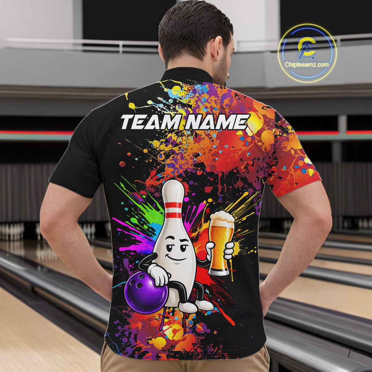 Colorful Splatter Bowling Shirt For Women Funny Beer Pin Splatter Bowling Polo Quarter-Zip Team Uniform NYN4499