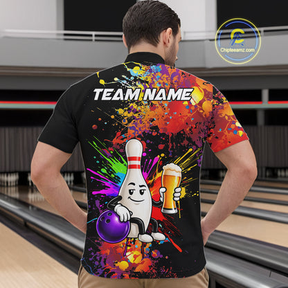 Colorful Splatter Bowling Shirt For Women Funny Beer Pin Splatter Bowling Polo Quarter-Zip Team Uniform NYN4499