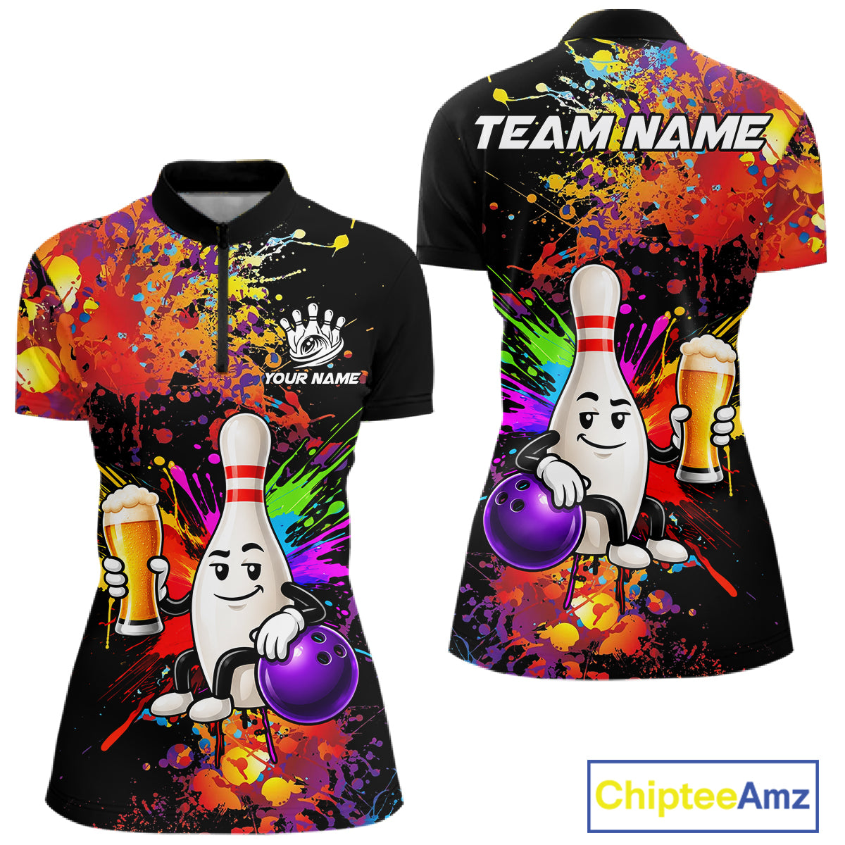 Colorful Splatter Bowling Shirt For Men Funny Beer Pin Splatter Bowling Polo Quarter-Zip Team Uniform NYN4499