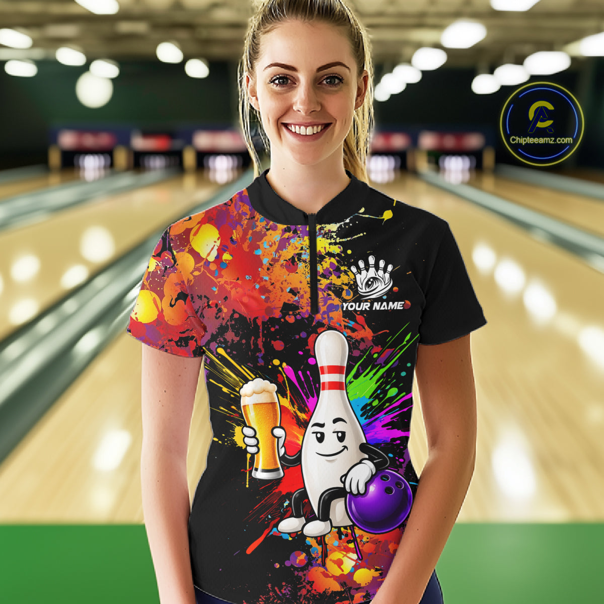 Colorful Splatter Bowling Shirt For Men Funny Beer Pin Splatter Bowling Polo Quarter-Zip Team Uniform NYN4499