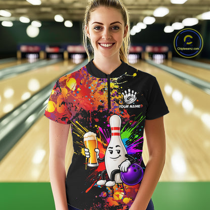 Colorful Splatter Bowling Shirt For Men Funny Beer Pin Splatter Bowling Polo Quarter-Zip Team Uniform NYN4499