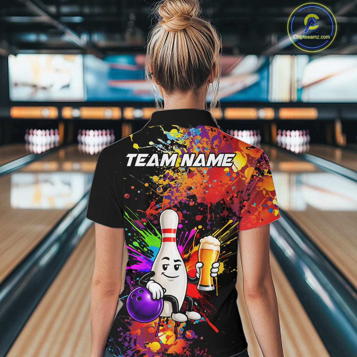 Colorful Splatter Bowling Shirt For Men Funny Beer Pin Splatter Bowling Polo Quarter-Zip Team Uniform NYN4499