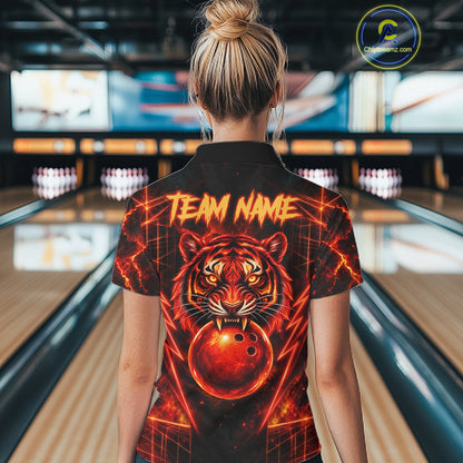 Fire Flame Tiger Bowling Shirt For Men Personalized Red Fiery Tiger Bowling Polo 1/4-Zip Team Jersey NYN4504