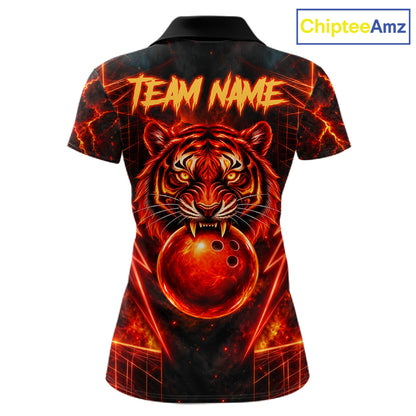 Fire Flame Tiger Bowling Shirt For Men Personalized Red Fiery Tiger Bowling Polo 1/4-Zip Team Jersey NYN4504