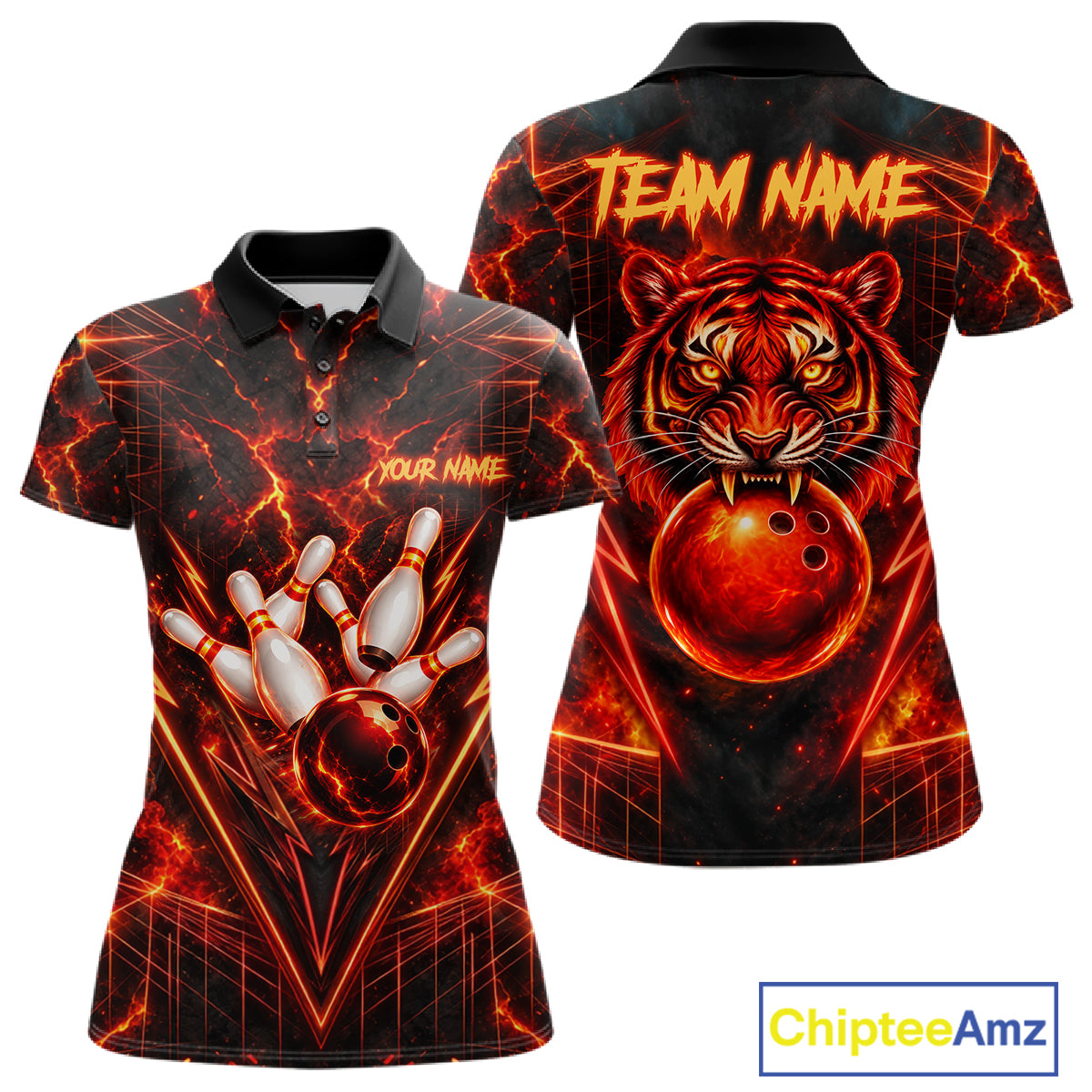 Fire Flame Tiger Bowling Shirt For Men Personalized Red Fiery Tiger Bowling Polo 1/4-Zip Team Jersey NYN4504