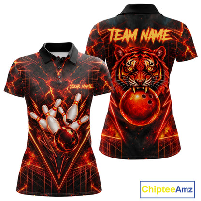 Fire Flame Tiger Bowling Shirt For Men Personalized Red Fiery Tiger Bowling Polo 1/4-Zip Team Jersey NYN4504